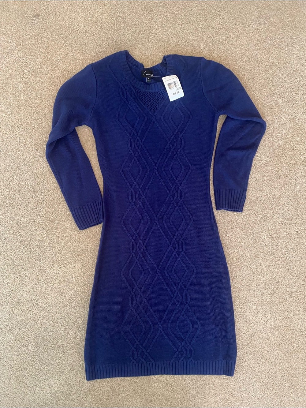 Connected Apparel Blue Cable Knit V-Neck Long Sleeve Knit Sweater Dress L
